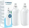 Two white refrigerator water filters are shown next to their packaging. Podgląd zdjęcia produktu