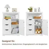 Two white wooden cabinets are shown side-by-side, each displaying different items for organization and decor. Produktbild-Vorschau