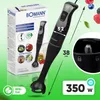 A marketing image for a Bomann hand blender, showcasing its features and dimensions with overlaid text and graphics. Produktbild-Vorschau