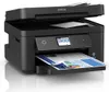 A black Epson WF-2880DWF Wi-Fi Multifunction Inkjet Color Printer with a document in the output tray. Produktbild-Vorschau