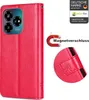 A red flip case for a smartphone, shown with a magnetic closure and a close-up of the embossed design. Produktbild-Vorschau