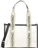 A white canvas tote bag with black trim and black straps with the "VALENTINO" logo printed vertically in black. Produktbild-Vorschau