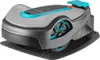 A robotic lawnmower is shown from a three-quarter angle on a black mat. Produktbild-Vorschau