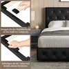 Close-up of bed frame assembly and a fully assembled bed. Produktbild-Vorschau