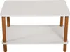 A white rectangular coffee table with wooden legs, shown from the front. Produktbild-Vorschau