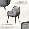 A close-up marketing image of an outdoor chair with text highlighting its comfort and style. Produktbild-Vorschau