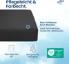 A close-up of a dark gray fitted sheet with marketing text and icons highlighting product features. Produktbild-Vorschau
