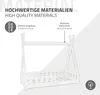 A white tipi-style children's bed frame with informational text overlays. Produktbild-Vorschau