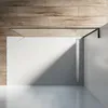 A modern shower enclosure with a black frame and clear glass, set against a wood-paneled wall and a white floor. Produktbild-Vorschau