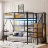 A loft bed with a sofa underneath, set up in a room.