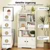 A white multi-shelf storage unit with doors, shown in a room setting with decorative items and plants. Text overlays highlight storage features. Produktbild-Vorschau