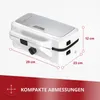 A white sandwich maker with dimensions indicated by lines and text. Produktbild-Vorschau