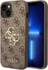 A close-up shot of a brown Guess phone case with a repeating logo pattern and a large gold Guess logo emblem, placed next to a smartphone displaying a blue screen. Náhled obrázku produktu