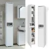 A tall, white bathroom cabinet is shown in a bathroom setting and also as a standalone product. Podgląd zdjęcia produktu