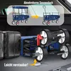 A blue foldable wagon is shown in the trunk of a car, next to luggage. An inset graphic shows the wagon with and without its canopy, indicating it is removable. Produktbild-Vorschau