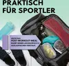 A gym bag filled with sports and food items, with text overlay. Voir les images du produit