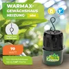 A close-up marketing image of a small greenhouse heater, with text overlays highlighting its features and brand. Produktbild-Vorschau