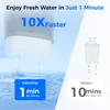 Comparison of water filter speed, showing one brand filtering water much faster than others. Náhled obrázku produktu