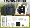 A person is holding a storage bag next to a camping stove and various accessories, with tents in the background. Podgląd zdjęcia produktu