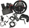A collection of gaming accessories, including a steering wheel, pedals, shifter, and cables, laid out on a white background. Anteprima dell’immagine prodotto