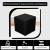 A black cube-shaped ottoman is shown in the center of the image, with text overlays describing its features. Produktbild-Vorschau