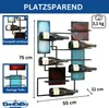 A wall-mounted metal wine rack with several wine bottles displayed, along with text and measurements indicating its features and dimensions. Náhled obrázku produktu
