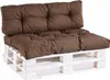 A brown pallet sofa cushion set on a white wooden pallet. Voir les images du produit