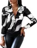 ASKSA Damen Bluse V-Ausschnitt Drucken Patchwork Hemd Produktbild-Vorschau 1