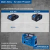 Marketing image showing battery runtimes for a hybrid compressor with different battery capacities and a picture of the compressor itself. Podgląd zdjęcia produktu