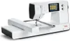 A white sewing machine with an embroidery module attached, shown from a slightly elevated side angle against a white background. Produktbild-Vorschau
