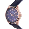 A close-up, side view of a Casio Edifice watch with a blue dial and rose gold casing. Voir les images du produit