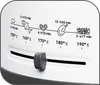 A close-up of a control panel on a white appliance, likely a deep fryer, showing temperature and time settings with icons. Produktbild-Vorschau