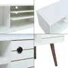 A collage of four close-up images of a white TV stand, showing its shelves, drawers, and legs. Produktbild-Vorschau