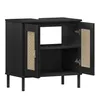 A black cabinet with two doors, one open, showing shelves inside. The doors have cane-like inserts. The cabinet is on four legs. Produktbild-Vorschau