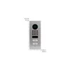 A silver-colored video door intercom system with a camera, keypad, and two nameplates, shown against a white background with measurement indicators. Anteprima dell’immagine prodotto