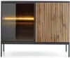 A modern sideboard with a glass door on one side and slatted wood doors on the other, featuring internal LED lighting. Produktbild-Vorschau