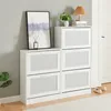 A white shoe cabinet with two stacked units, each with two flip-down doors with a perforated design. A framed picture and a diffuser are on top of the left unit, and a lamp and a plant are on top of the right unit. A pair of shoes is on the floor next to t Podgląd zdjęcia produktu