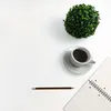 A top-down view of a desk with a potted plant, a cup of coffee, a pencil, and a notebook. Produktbild-Vorschau