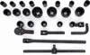 A collection of black metal socket wrenches and accessories laid out on a white background. Produktbild-Vorschau