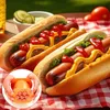 Two hot dogs with condiments on a red and white checkered tablecloth, with a small inset showing an orange sausage maker. Anteprima dell’immagine prodotto