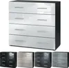 A white dresser with black sides and silver handles is shown from the front. Below the dresser are four smaller images of dressers in different colors and styles. Produktbild-Vorschau
