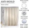 A beige shower curtain hanging in a bathtub, with product feature callouts on the right. Anteprima dell’immagine prodotto