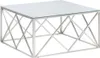 A square coffee table with a glass top and a silver metal frame with a geometric design. Produktbild-Vorschau