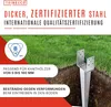 A metal post anchor driven into the ground next to a grassy area, with marketing text and a certification logo overlaid. Náhled obrázku produktu