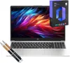 A laptop computer with a colorful abstract wallpaper on its screen, accompanied by a box of Microsoft Office software and two pens. Produktbild-Vorschau
