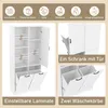 A white bathroom cabinet with multiple shelves and two integrated laundry baskets, shown with open doors and drawers. The image is divided into sections, with icons and text describing product features. Náhled obrázku produktu
