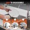 A person wearing gloves is cleaning a slicer blade under a faucet. The image is divided into three sections showing steps for disassembly. Produktbild-Vorschau