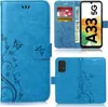 A collage of images showing a blue flip phone case with a floral and butterfly design, including a view of the inside with card slots and a phone inserted. Produktbild-Vorschau