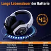 A white gaming headset with RGB lighting is shown, with a circular graphic indicating 40 hours of battery life and a table detailing battery performance. Produktbild-Vorschau