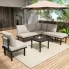 An outdoor patio set with a sectional sofa, armchair, coffee table, and umbrella. Náhled obrázku produktu